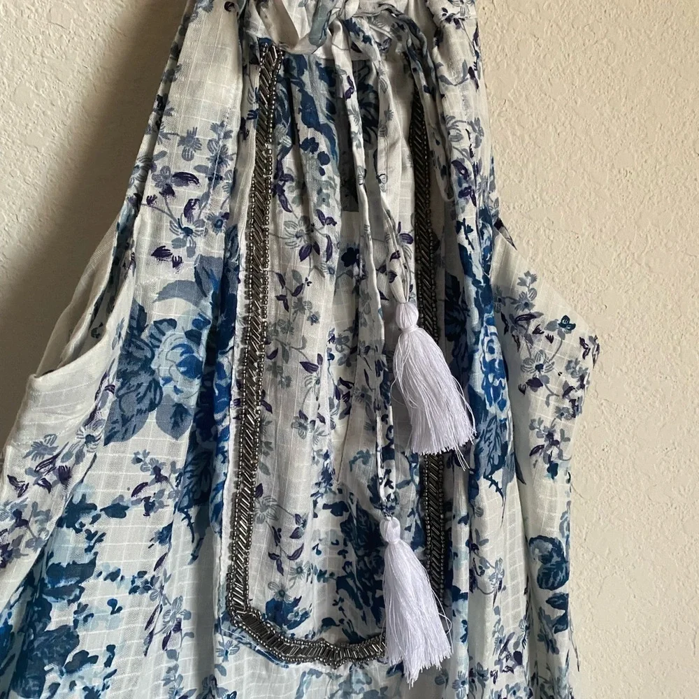 MIRA PIERINA FLORAL SILVER EMBROIDERY TASSEL TIE SHORT BOHO BEACH DRESS SIZE M